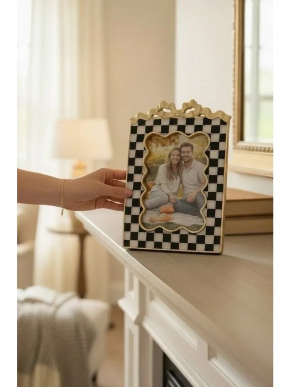Scalloped 4 X 6 Photo Frame COURTLY CHECK Black White Gold Bow Portrait Acrylic